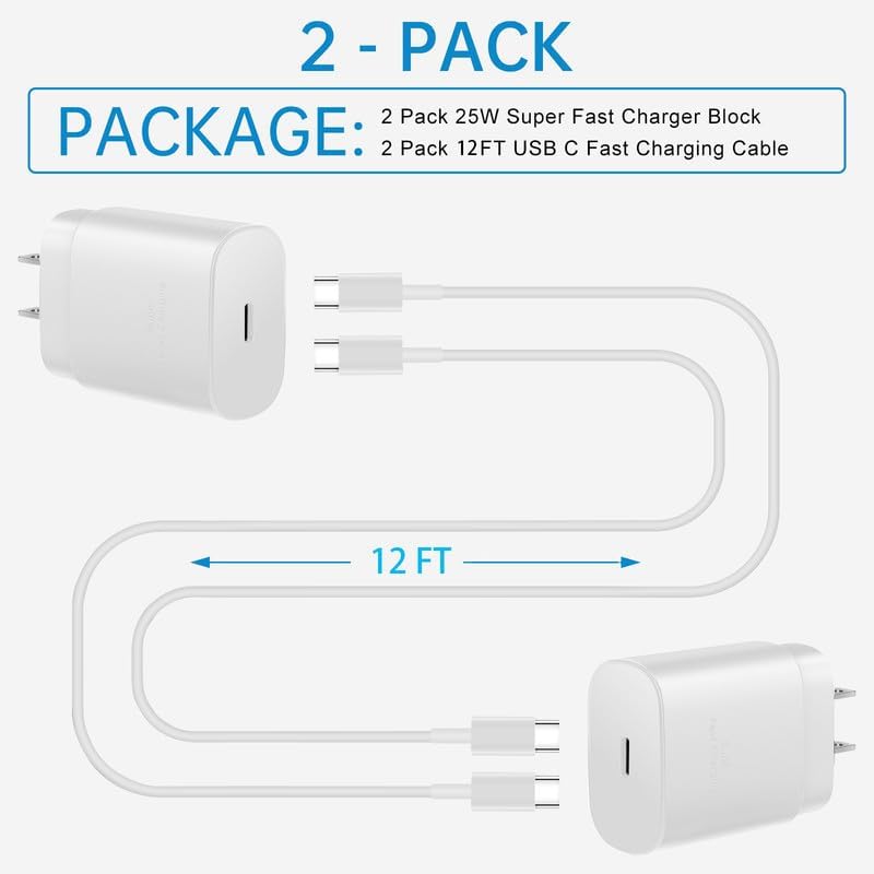 Experience Rapid Charging with Auorld 25 W Super Fast USB-C Charger & 10 FT Type-C Cable for Samsung Galaxy Devices – Ultimate Compatibility for S24, S23, S22, S21, S20, Note10, and Note20 – Portable, Durable, and Safe Power Solution for On-the-Go Use