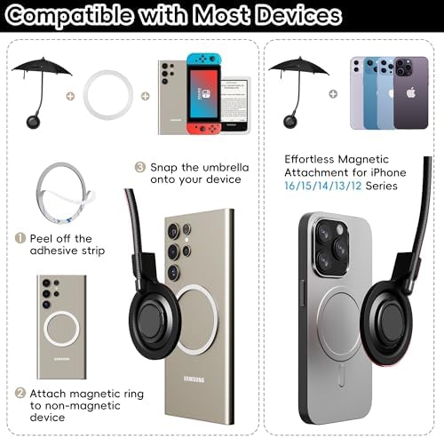 Portable Black Magnetic Phone Umbrella with Adjustable 360° Shade, Foldable Sun Protection & Built-in Ring Holder – i Phone 12-16 Compatible and More Devices, Magnetic Sticker for Quick Setup and Enhanced Functionality