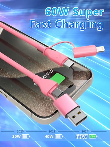 Versatile 4-in-1 Coiled USB C and Lightning Cable for i Phone 15 and 16 – 3 FT Fast Charging Car Charger Cord with 60 W Power Output, Stylish Pink Design, Compatible with Car Play and Android Auto for Ultimate Convenience and Enhanced Connectivity