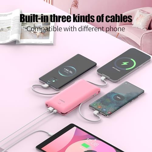 Compact 10000 m Ah Portable Charger with Built-In Cables and AC Wall Plug – Essential USB-C Power Bank for i Phones, Samsung Devices, and Tablets in Vibrant Green – Ultimate Travel Companion for Fast Charging and Universal Compatibility