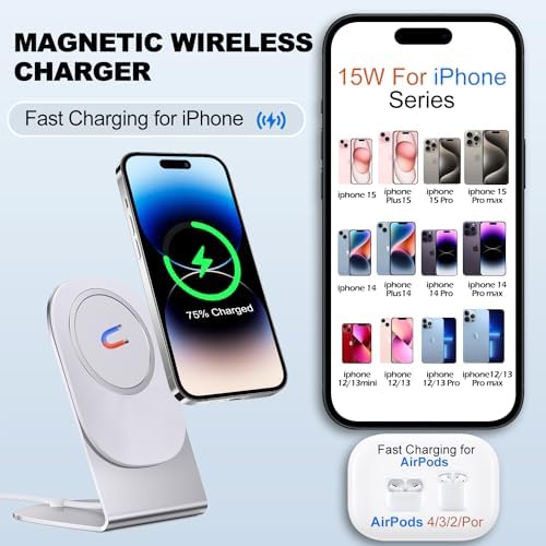 Magnetic Wireless Charger for i Phone 15/14/13/12 Series – Versatile Mag Safe Charging Stand with Dual Ports & 5 ft Cable for i Phone and Air Pods 2/3/Pro (Adapter Not Included) – Enhanced Speed & Seamless Compatibility for Effortless Power Solutions