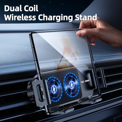 OATSBASF 15 W Qi Wireless Car Charger with Auto Clamping, Air Vent Phone Mount – Fast Charging Compatibility for i Phone 16/15/14/13 & Samsung Galaxy Z Fold 6/5/4 – Effortless Touch Rotation & Secure Hold for Ultimate Driving Convenience