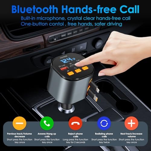 Ultimate 5-in-1 Fast Car Charger with Bluetooth 5.3 FM Transmitter – 90 W Retractable Charging Hub for i Phone 15/14/13 – Hands-Free Calling and Dual USB Ports for Seamless Connectivity and Quick Charging – Compact Black Design for Enhanced In-Car Experience