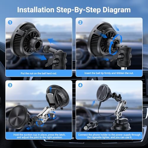 Aluminum Alloy Magnetic Car Phone Holder with 15 W Fast Charging – 360° Adjustable Rotation for Optimal Viewing, Secure Large Suction Cup for Windshield & Dashboard, Perfectly Compatible with i Phone 16/15/14/13/12 Series and All Qi-Enabled Devices – Effortless Navigation & Charging on the Go