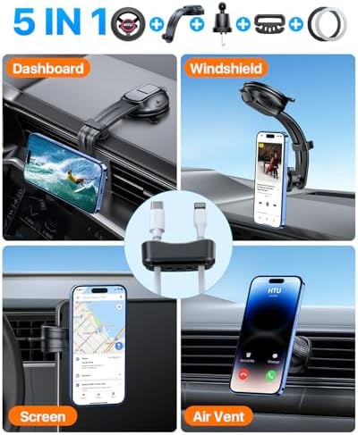 HTU 2025 Mag Safe Car Mount – Advanced 5-in-1 Magnetic Phone Holder for i Phone with Robust Suction Power and Customizable Bendable Design for Dashboard, Windshield, and Vent – Elegant Light Rose Finish, Safety Certified for Ultimate Reliability