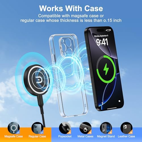 Magnetic Wireless Charger Pad – 15 W Fast Charging Station for i Phone 16/15/14/13 Series & Samsung Galaxy S25 Ultra – Includes 20 W USB-C Adapter – Compact Qi-Certified Charger with Strong Magnetic Alignment for Seamless On-the-Go Use – Enhanced Compatibility with Mag Safe Cases – Safe Trickle Charge Mode for Optimal Battery Protection – Perfect Travel Companion for Efficient Charging and Multitasking