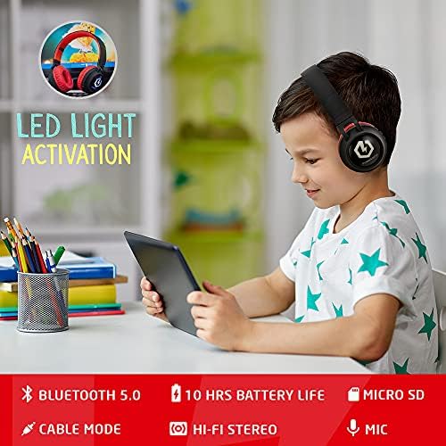 Kid-Friendly Bluetooth Headphones with LED Lights – Safe 85 d B Volume Limit for Young Ears, Foldable Design for Travel Ease, Micro SD Card Playback, Integrated Mic for Calls – Perfect Wireless Audio for Kids’ Adventures and Learning