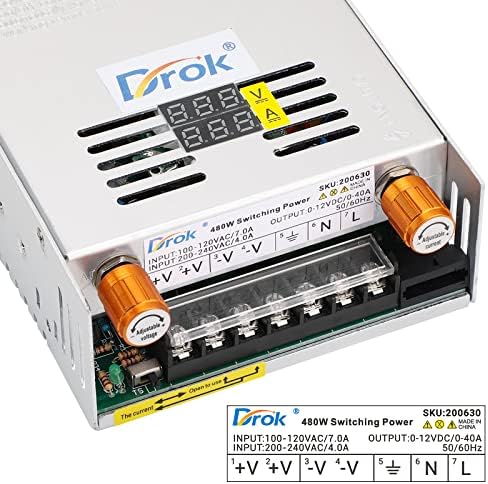 DROK 24 V Adjustable Power Supply – High-Efficiency AC to DC Converter for Reliable Power Delivery, 20 A 480 W Regulated Adapter Perfect for Computer Labs and Versatile Electronic Applications, Adjustable 5 V to 24 V Voltage Transformer for Enhanced Performance and Compatibility