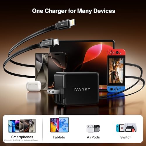 i VANKY 84 W Retractable Wall Charger – 4-Port USB Power Adapter with Dual Cables for Fast Charging – Compact Travel Solution for i Phone 16/15, i Pad, Samsung – Smart Charging Hub for Home and Office Efficiency