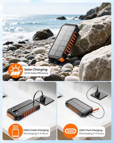 FEELLE 27000 m Ah Solar Power Bank – High-Capacity Portable Charger with 15 W Fast Charging, Dual Built-in Cables, and Emergency Flashlights for Outdoor Adventures – Ideal for Camping and Hiking, Compatible with i Phone and Android Devices