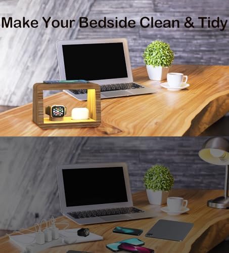 Eco-Friendly Bamboo Charging Station with 15 W Fast Wireless Charging, Adjustable Night Light & Multi-Device Compatibility for i Phone, i Watch, Air Pods, and Samsung – Sleek Nightstand Solution with 3 Color Modes and 4 Brightness Levels, Includes Adapter for Enhanced Efficiency