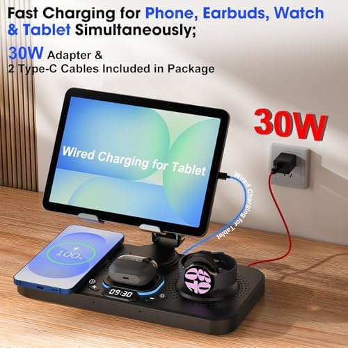 30 W Magnetic Wireless Charging Station with 12-Hour Clock & 7 Color Ambient Light for Samsung Devices – Fast Charging Hub for Galaxy Tab, Galaxy S25 Ultra, Samsung Watch 7, and Galaxy Buds3 Pro – Portable, Foldable Design with Adjustable Tablet Stand for Travel – Comprehensive Safety Features for Optimal Performance