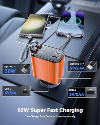 2025 SUPERONE 69 W Retractable Car Charger – Fast Charging Dual-Port Accessory for i Phone 16/15/14/13/12 & Samsung Devices, Tangle-Free Design, Ideal Gift for Men & Women, Essential Car Travel Companion