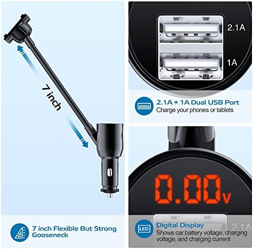 SOAIY 3-in-1 Cigarette Lighter Car Mount with Voltage Detector – Dual USB 3.1 A Charger, Flexible Gooseneck, and 360° Rotating Cradle for Enhanced Smartphone Compatibility (Fits 1.7-3.7 Inch Devices) – Ultimate Driving Convenience and Safety Solution