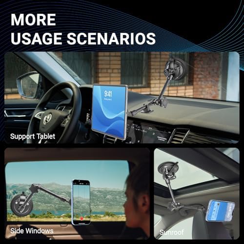 Premium Adjustable Magnetic Car Tablet Holder with 360-Degree Rotation – Versatile Vacuum Suction Mount for i Pad Pro, Air, Mini & Galaxy Tab – Customizable Hands-Free Navigation & Entertainment for 4-11″ Devices – Ultimate Stability and Accessibility for Safe Driving