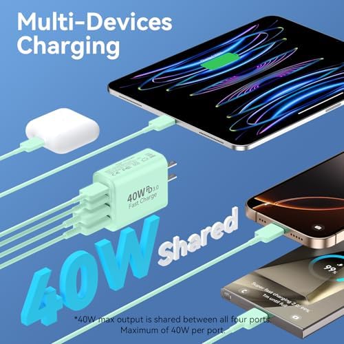 40 W USB C Charger Block – Dual Pack of 4-Port Fast Charging Power Bricks with PD & QC 3.0 Technology for i Phone 16/15/14/13/12/11 Pro Max, i Pad, Galaxy, Pixel – Sleek White & Blue Design for Convenient Multi-Device Charging