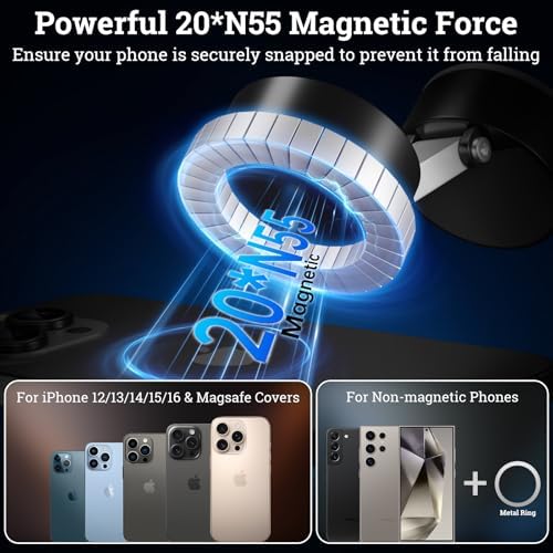 360° Vacuum Magnetic Phone Holder, Suction Cup Phone Mount, Foldable Strong Magnetic Cell Phone Holder for Car/Gym/Mirror/Smooth Surface, Compatible with Magsafe iPhone – Enhanced Compatibility and Speed