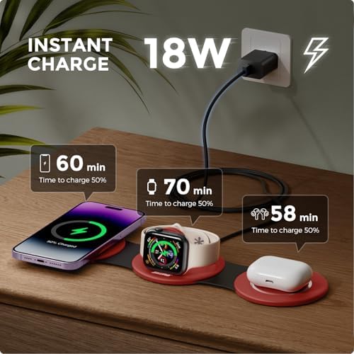 Hicober 3-in-1 Magnetic Wireless Charging Station for i Phone 15, Apple Watch, and Air Pods – Ultra-Fast 18 W Portable Travel Charger with Foldable Design for i Phone 16, 14, 13, 12 Pro/Max/Plus – Optimal Compatibility and Sleek Aesthetics for Effortless Charging Experience