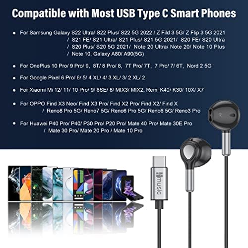 Hmusic Premium USB C Earbuds with Magnetic Convenience – In-Ear Wired Headphones Featuring Built-in Mic and Volume Control for Samsung Galaxy, Google Pixel, Xiaomi Smartphones – Unmatched Sound Clarity and Effortless Comfort for On-the-Go Listening