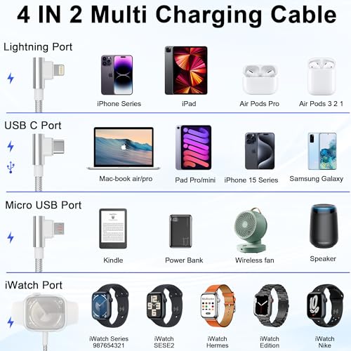 Maximize Device Efficiency with the 10 FT 4-in-2 Multi Charging Cable: Unmatched USB C & Lightning Compatibility for i Phone 15/14, Galaxy S23, and Apple Watch – Experience 100 W Fast Charging with Innovative 90-Degree Connector for Effortless Connectivity Across All Your Gadgets