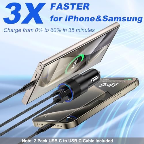 38 W Dual Port Fast Car Charger for i Phone 16 & 15 – Includes 2 Braided 6 ft USB-C Cables & 40 W Wall Adapter – Quick Charge 3.0 Cigarette Lighter Adapter for i Pad, Samsung & Tablets – Ultimate On-the-Go Charging Solution