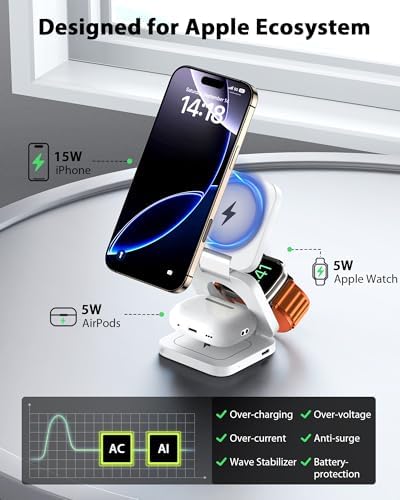 X55 Magnetic Foldable 3-in-1 Charging Station for Apple Devices – 15 W Fast Wireless Charger for i Phone 16, 15, 14, 13, 12 Series, 5 W Apple Watch Power Station, Portable Air Pods Charging Stand – Sleek Black Design for Travel and Home Use