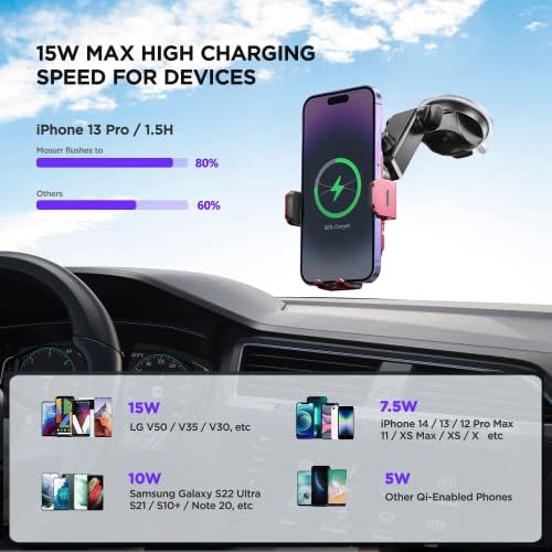 High-Speed Wireless Car Charger with Auto-Clamping Phone Mount and RGB Backlight – 15 W Qi-Compatible Charging for i Phone 15, 14, 13, 12 Mini, Pro Max, 11, XR, X, Samsung Galaxy S23 Ultra, S22, S21+ – Sleek Silver Design for Enhanced Aesthetics and Safety on the Road