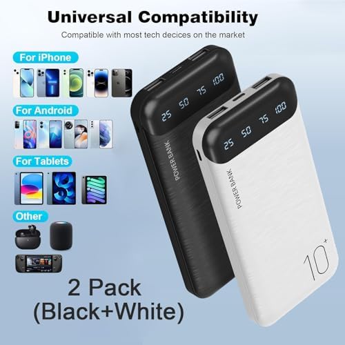 10000 m Ah Slim Portable Power Bank – Fast Charging External Battery Pack with Dual USB 2.4 A Outputs & USB-C Compatibility for i Phone 12-16, Huawei, Samsung Galaxy S20, & Android Tablets – Ideal for Travel and Daily Use