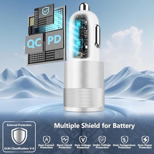 Rombica 105 W MFi Certified Dual USB-C & USB-A Fast Car Charger for i Phone 16 Pro Max – Ultimate Portable Power Solution with 6 FT Coiled Type-C Cable for Rapid Charging on the Go, Perfect for Road Trips and Daily Commuting