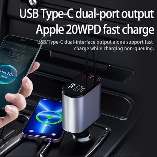 Revolutionary 4-in-1 Retractable Car Charger with Dual Ports – Fast Charging Solution Featuring Type C & Lightning Cables for Ultimate Compatibility and Efficiency – Tangle-Free, Durable Design for On-the-Go Power