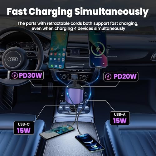Experience Ultimate Power on the Road: PLDHPRO 80 W Retractable Car Charger – 4-in-1 Fast Charging Adapter with Dual Type-C Cables for i Phone 16, i Pad, and Samsung – Essential Vehicle Accessory for Efficient Charging and Easy Storage – Perfect Gift for Tech Enthusiasts and Travelers