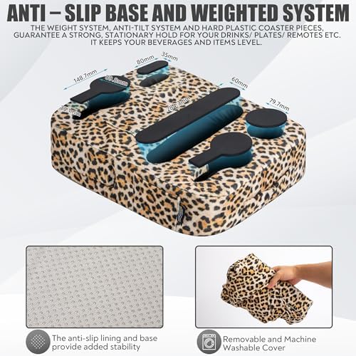 Leopard Print Couch Cup Holder Tray Pillow – Versatile Bed and Sofa Caddy for Drinks, Snacks, and Devices – Portable Memory Foam Organizer for RVs and Cars – Stylish and Easy-to-Clean Accessory for Ultimate Comfort and Convenience