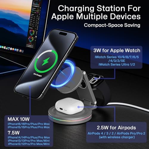 Revolutionary 3-in-1 Wireless Charger Hub for i Phone, Apple Watch & Air Pods – 10 W Fast Charging, 360-Degree Rotating Zinc Alloy Design, Foldable & Magnetic for Ultimate Convenience and Compatibility with i Phone 12-16 Series