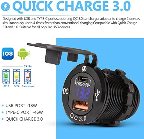 BUNKER INDUST Waterproof Dual Port USB Type-C Car Charger with LED Voltmeter – Quick Charge 3.0 Fast Charging Adapter for Boats, SUVs, UTVs, RVs, and Trucks – Durable Aluminum Design for 12 V/24 V Systems
