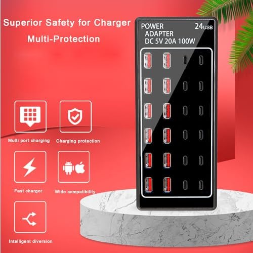 24-Port USB Charging Hub with 100 W Fast Charge Capability – Multi-Device Desktop Station with 12 USB-A & 12 USB-C Ports for Rapid Power Delivery to i Phone, i Pad, Samsung Galaxy, Laptops, and More – Space-Saving Design Ideal for Home or Office Use