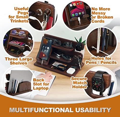 TESLYAR Wood Phone Docking Station for Men – Desktop or Nightstand Organizer – Birthday gifts for Men or Dad – Anniversary Idea from Wife – Key Holders, for Wallet, Watch & Essentials (Chestnut Brown) – Enhanced Compatibility and Speed