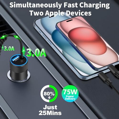 Braveridge 66 W Dual Port USB-C Car Charger for i Phone 16 – MFi Certified Fast Charging with Type-C Braided Cable – Enhanced Compatibility for i Phone 16/16 Pro Max/15/15 Pro/i Pad – Ideal for Road Trips and On-the-Go Power Solutions