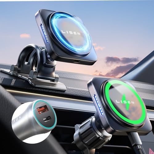 LISEN Mag Safe Car Mount Charger for i Phone 12-16 Series – Advanced Magnetic Wireless Charging Holder for Dashboard & Vent – Rapid 15 W Power Delivery & Secure Grip for Safe Hands-Free Navigation