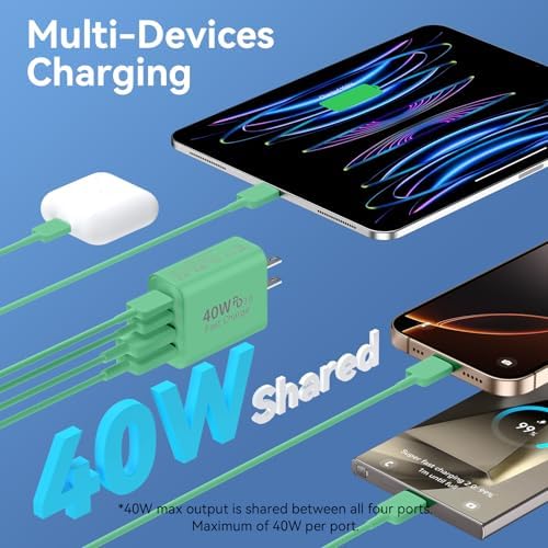 40 W USB C Charger Block – Dual Pack of 4-Port Fast Charging Power Bricks with PD & QC 3.0 Technology for i Phone 16/15/14/13/12/11 Pro Max, i Pad, Galaxy, Pixel – Sleek White & Blue Design for Convenient Multi-Device Charging