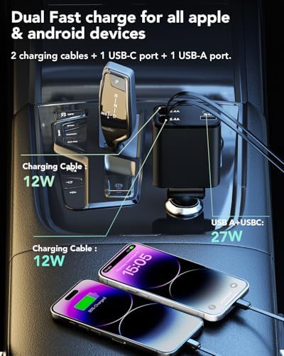 2025 Ultra-Compact 4-in-1 Retractable Car Charger – 69 W Fast Charging Adapter for i Phone 16, Galaxy and More – Innovative Space-Saving Design with Multiple Ports for Simultaneous Device Powering – Essential Car Accessory for Daily Commutes and Road Trips