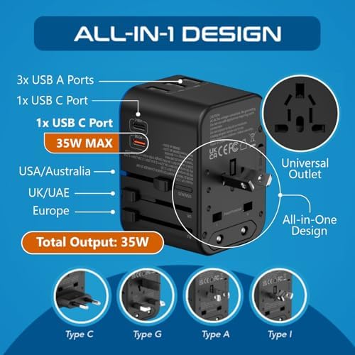 Ultimate Universal Travel Adapter: 35 W Fast Charging Power Converter with PD & QC 3.0, Dual USB-C & Triple USB Ports for Seamless Global Connectivity – Compatible with Type A, C, G, I Outlets for Effortless Charging Across EU, US, UK & Beyond – Perfect Travel Companion for Modern Explorers