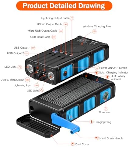 Ultimate 45800 m Ah Solar Wireless Power Bank with Hand Crank & Fast Charging – 7 Outputs, 4 Inputs, SOS Flashlight & Compass for Outdoor Adventures and Emergency Preparedness