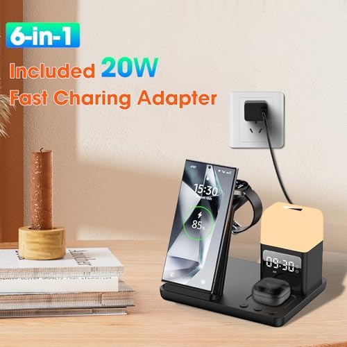 Ultimate 6-in-1 Wireless Charging Station for Samsung & Android: Fast Charger with Alarm Clock & Night Light for Galaxy S25 Ultra, S24, S23, and Samsung Watch7 – Space-Saving Design, Enhanced Compatibility, and Sleek Black Finish for Modern Living