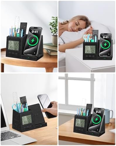 Multi-Functional Desk Organizer with Wireless Charging, Digital Thermometer & Humidity Monitor – Stylish Brown Pen Holder for Home Office Efficiency and Clutter-Free Workspace