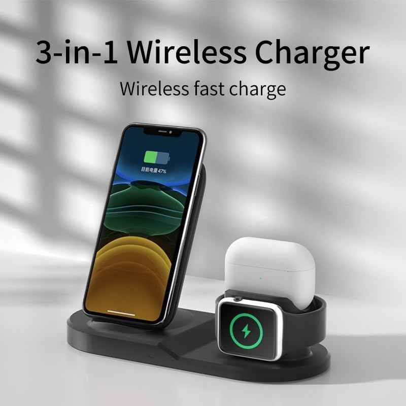 All-in-One 3 in 1 Wireless Charging Station for i Phone 11-16, Apple Watch, and Air Pods – Fast QC3.0 Adapter Included, Sleek Design for Tidy Charging Solution, Enhanced Device Compatibility and Safety Features