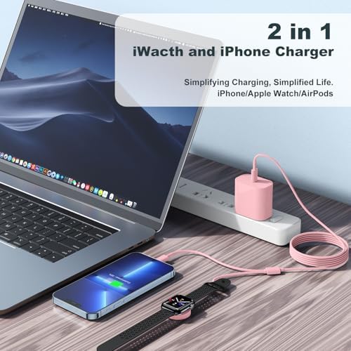 Revolutionary 2-in-1 USB C Charger for i Phone and Apple Watch – 6 ft Magnetic Fast Charge Cable with 20 W Power Adapter – Stylish Blue Design for Optimal Portability and Efficiency
