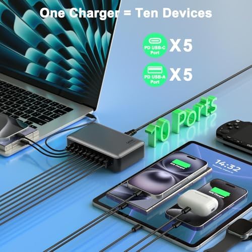 Powerful 10-Port USB C Fast Charger Block – 540 W Ga N Charging Station for Laptop & Multi-Device Compatibility – PD 100 W Output for Rapid Charging of Mac Book, i Pad, i Phone, Samsung Galaxy & Dell – Compact and Efficient Charging Hub for Home and Office Use