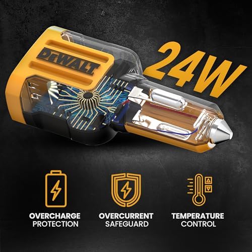 DEWALT 24 W Dual USB Car Charger Adapter – Heavy Duty Fast Charging Cigarette Lighter Power Source for i Phone, Samsung Galaxy & i Pad – Reliable, Durable & Safety-Enhanced On-the-Go Charging Solution for All Your Devices