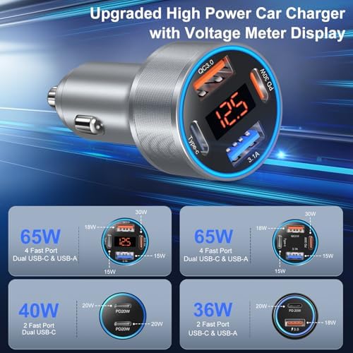 65 W 4-Port USB C Car Charger – Dual USB-A & USB-C Cigarette Lighter Adapter with Built-in Voltmeter for Safe Fast Charging – Ideal for i Phone 16/15/14/13/12/11 Pro Max and Android Devices – Travel Essential Accessory for High-Speed Power Supply