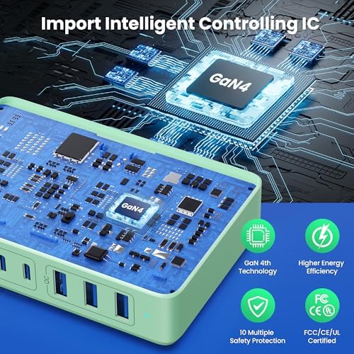 Revolutionary 300 W Ga N IV Technology USB-C Charging Hub – 8-Port Multi-Device Charger for Mac Book Pro/Air, DELL Laptops, i Phone 16/15/14 & Galaxy S25 – Sleek Navy Finish for Enhanced Home & Office Efficiency – Your Premier Solution for Rapid Device Power and Seamless Connectivity